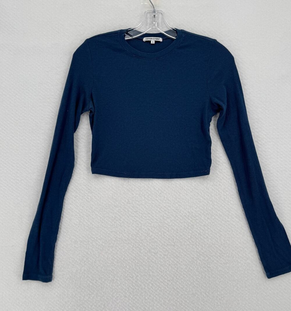 Cotton Citizen Womens Blue Cotton Blend Ribbed Long Sleeve Crop Top Sz S